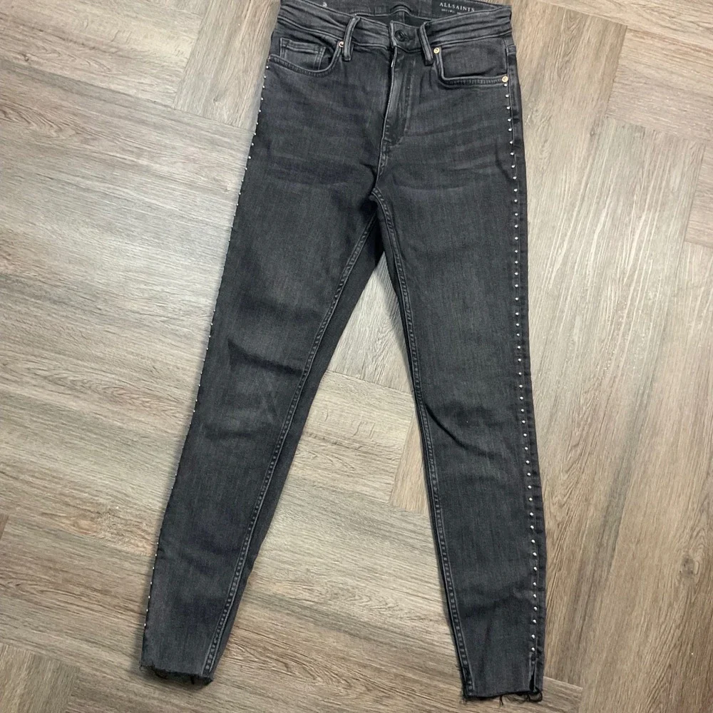 ALLSAINTS Dax Studded Distressed Hem Skinny Jeans Womens 27 Dark Wash Black‎
